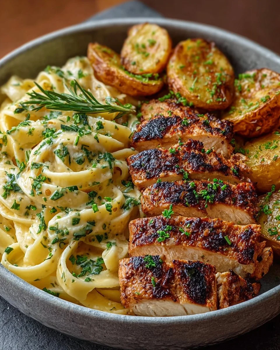 Loaded herb grilled chicken served with creamy pesto pasta and crispy roasted potatoes.