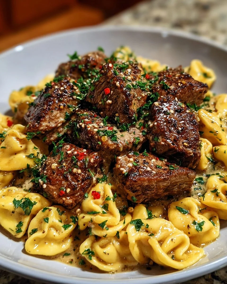 One-Pan Cowboy Butter Tortellini dish with juicy steak bites served in a skillet.