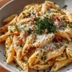 One pot creamy garlic pasta served in a bowl with fresh parsley garnish