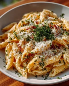One pot creamy garlic pasta served in a bowl with fresh parsley garnish