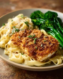 Parmesan Crusted Chicken garnished with herbs, served on a plate
