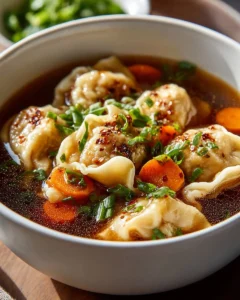 Bowl of Potsticker Soup with dumplings and green onions on top.