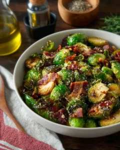 Roasted Brussels sprouts with crispy bacon on a serving platter