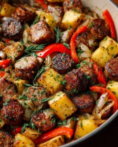 Sausage and Potato Skillet with colorful veggies in a frying pan
