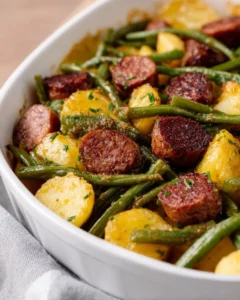 Delicious Sausage Potato Green Bean Casserole served in a baking dish.