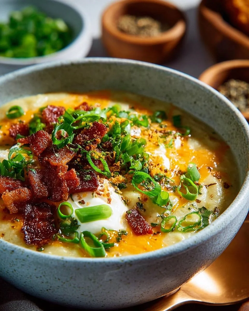 Bowl of savory potato leek soup garnished with fresh herbs
