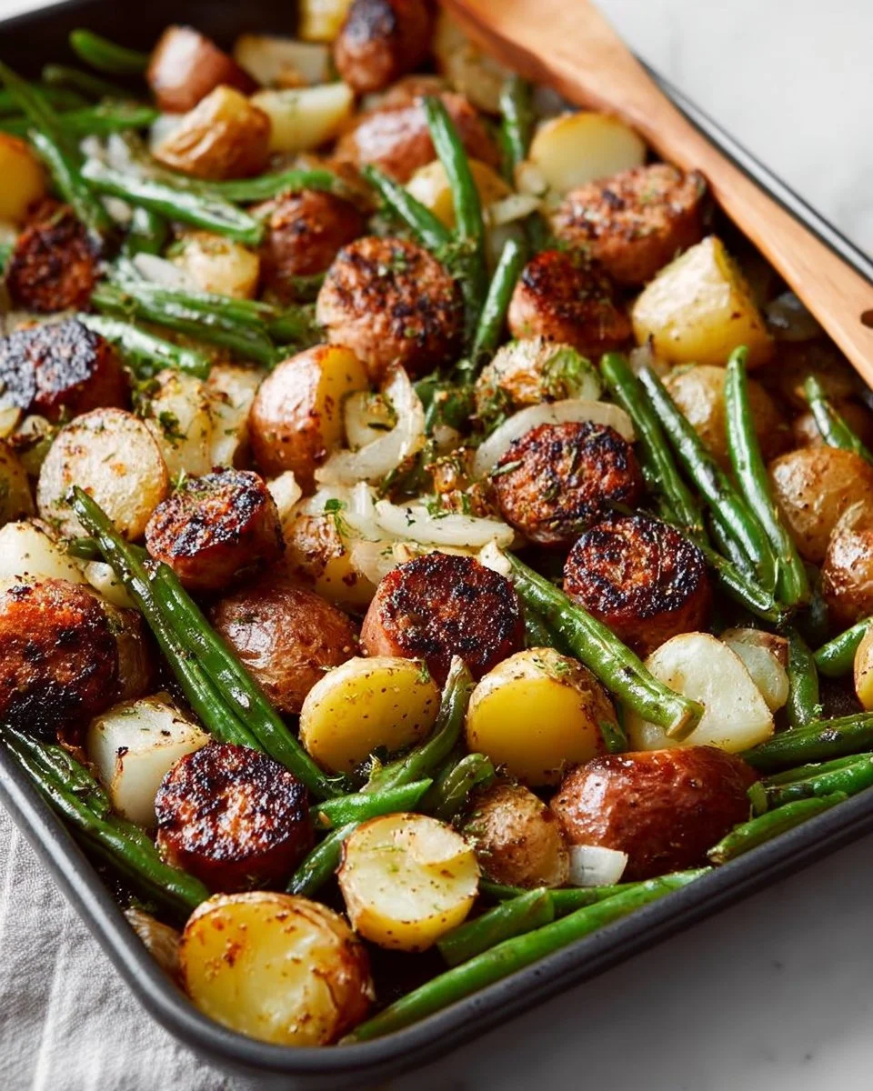 Savory sausage bake with green beans and potatoes in a baking dish
