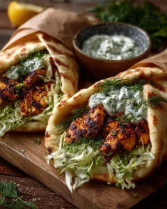 Sheet pan chicken pitas topped with herby ranch dressing and fresh vegetables