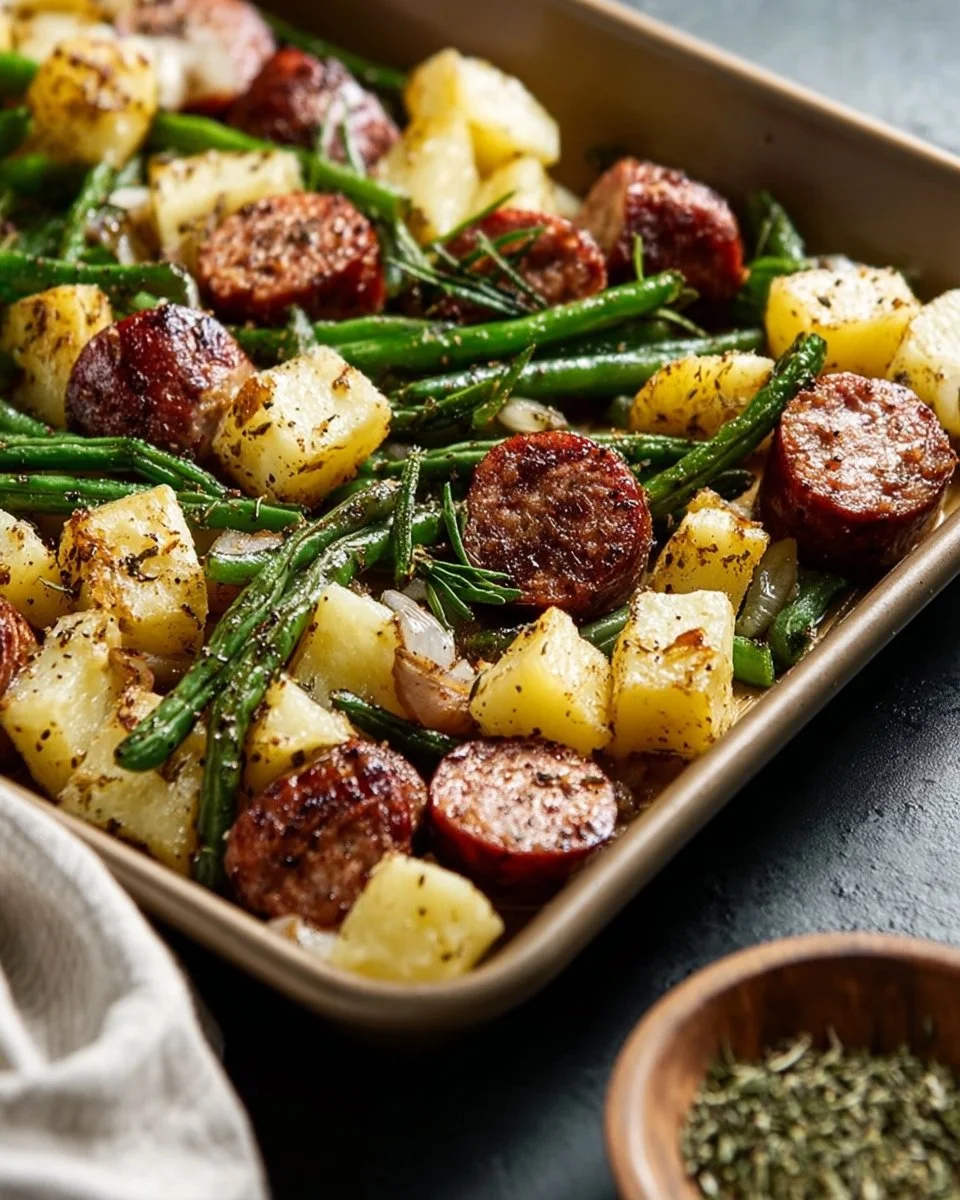 Sheet pan meal featuring sausage, potatoes, and green beans roasted together.