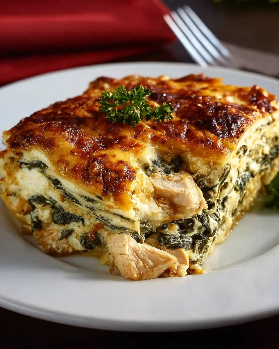 Delicious slow cooker chicken spinach lasagna ready to serve.