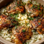 Dish of slow cooker lemon herb chicken served with fluffy white rice.