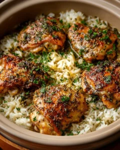 Dish of slow cooker lemon herb chicken served with fluffy white rice.