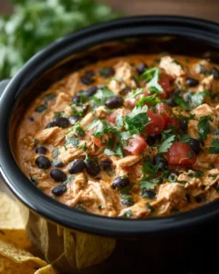 Creamy slow cooker queso chicken dip served with tortilla chips