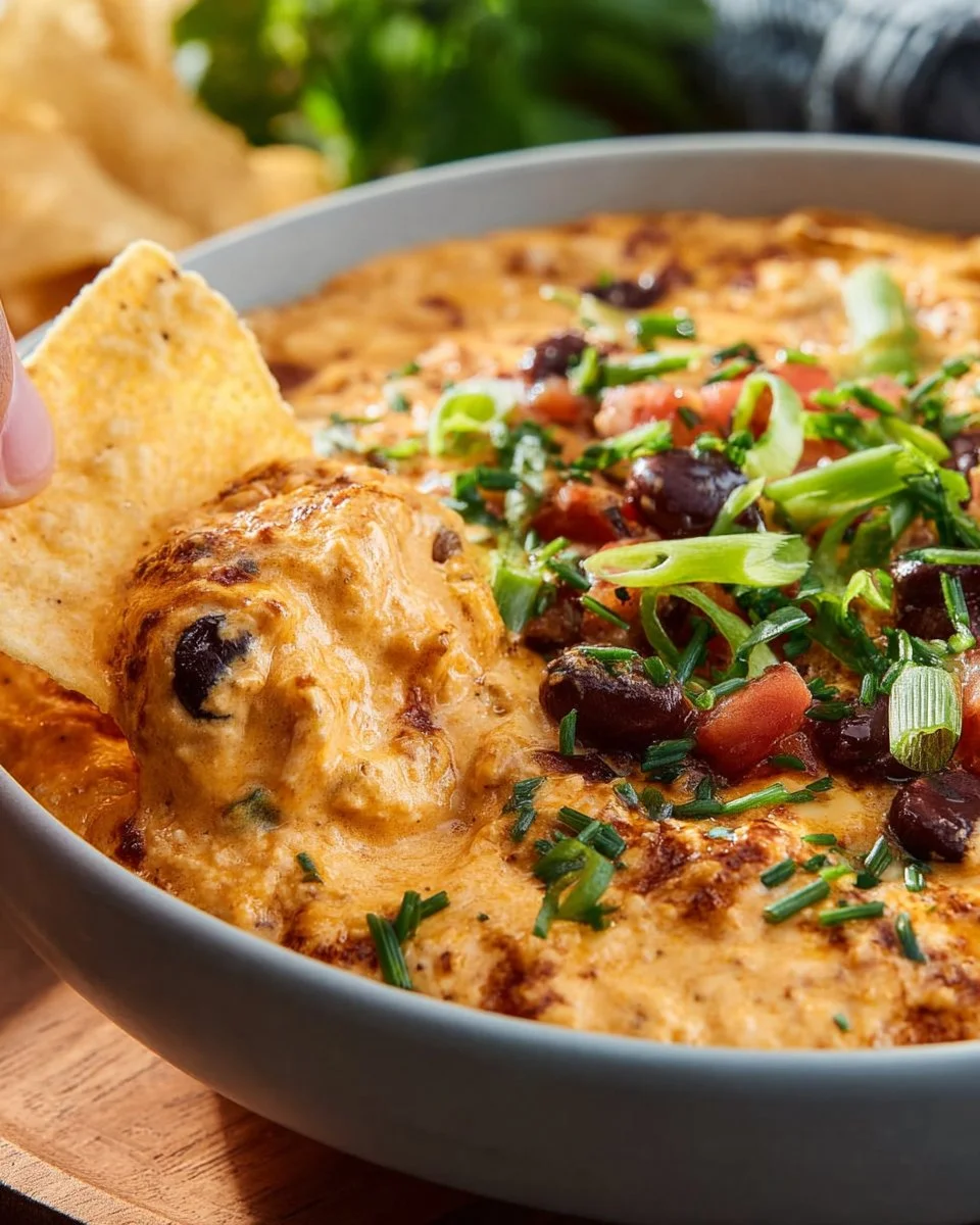 Spicy Queso Chicken Dip served in a bowl with tortilla chips