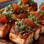 Baked Spicy Salmon Sushi with toppings and garnishes on a plate