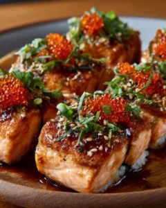 Baked Spicy Salmon Sushi with toppings and garnishes on a plate