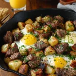 Steak and Potato Breakfast Hash served in a skillet with fresh herbs