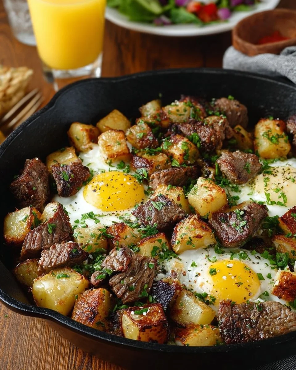 Steak and Potato Breakfast Hash served in a skillet with fresh herbs
