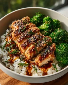 Delicious sticky chicken rice bowls with vegetables and savory sauce