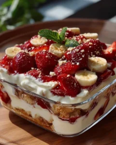 Delicious strawberry banana pudding served in a bowl with fresh strawberries and bananas