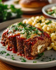 Delicious stuffed Italian meatloaf served with fresh herbs and tomato sauce
