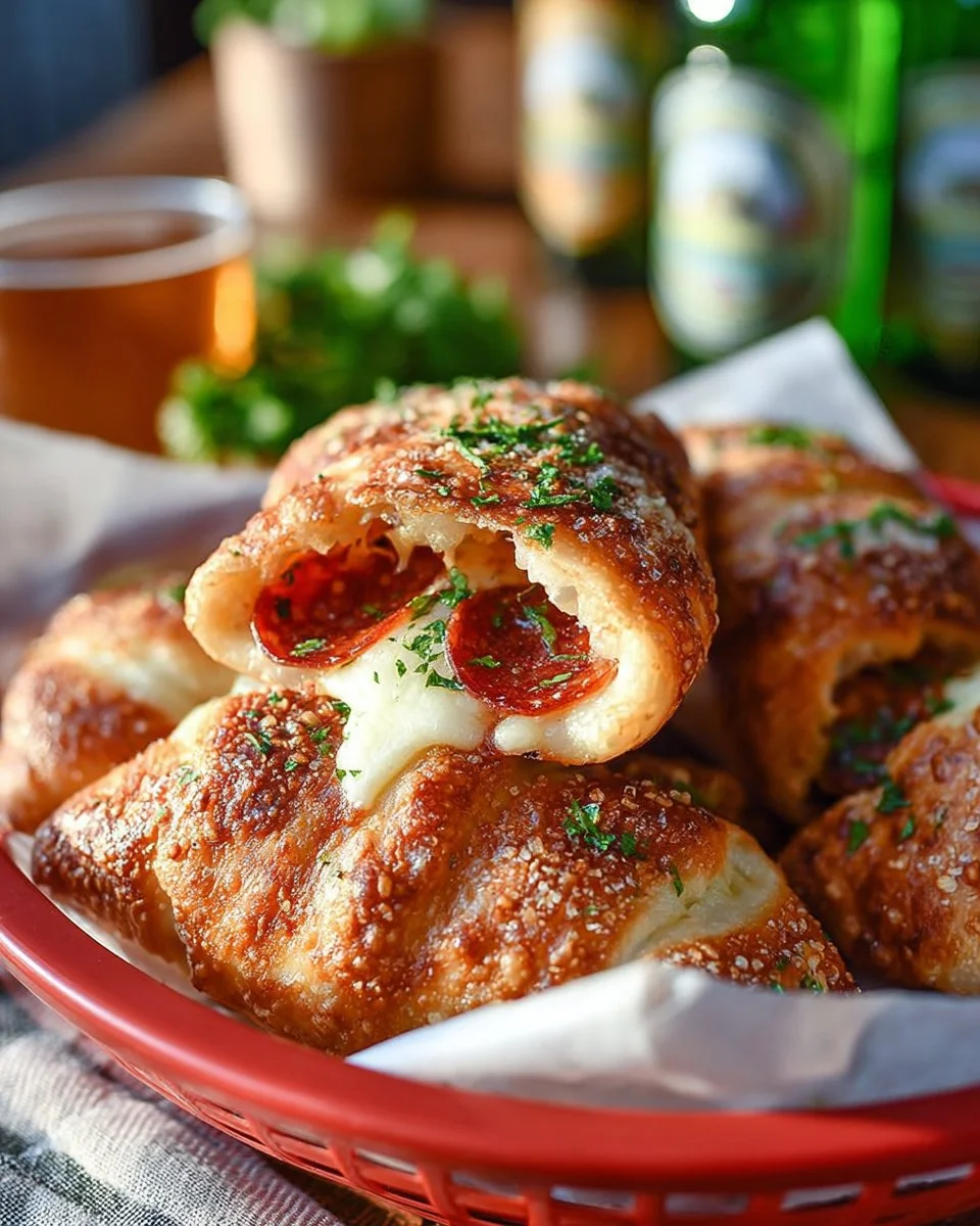 Stuffed pepperoni pizza sticks served hot and cheesy