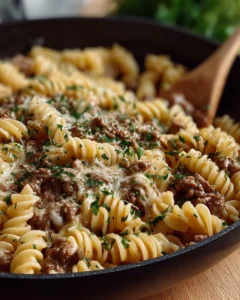 Delicious bowl of ground beef stroganoff served with noodles
