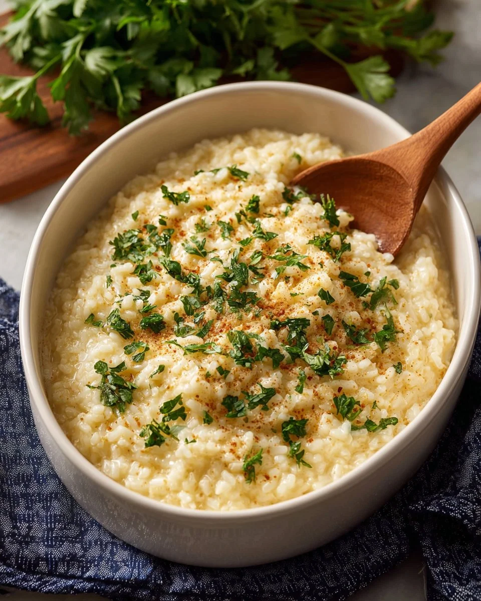 Delicious baked cheese risotto served in a bowl with herbs and cheese garnish.