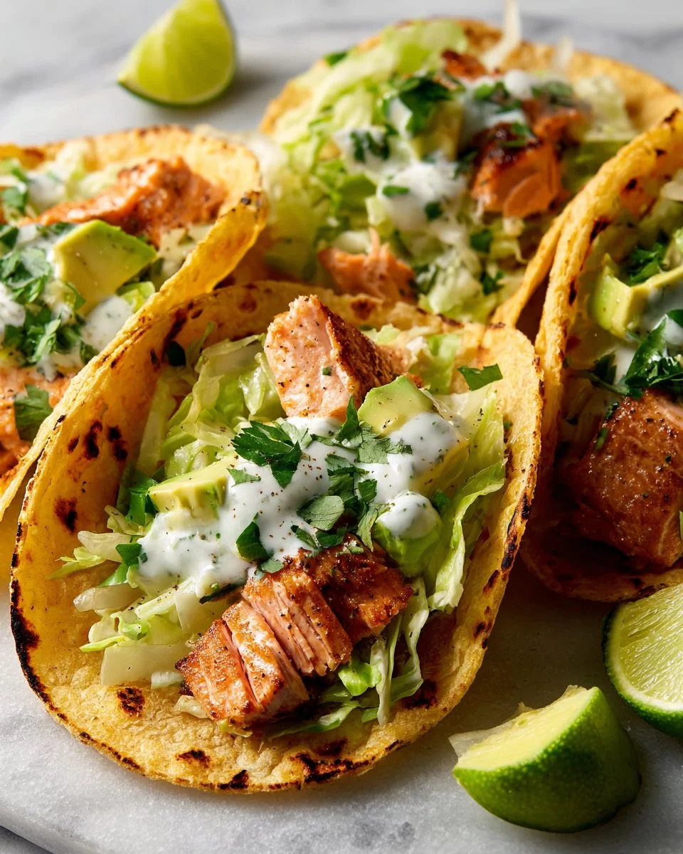 Baked salmon tacos topped with fresh ingredients in a soft tortilla