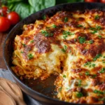 Baked tortellini casserole with cheese and herbs in a baking dish