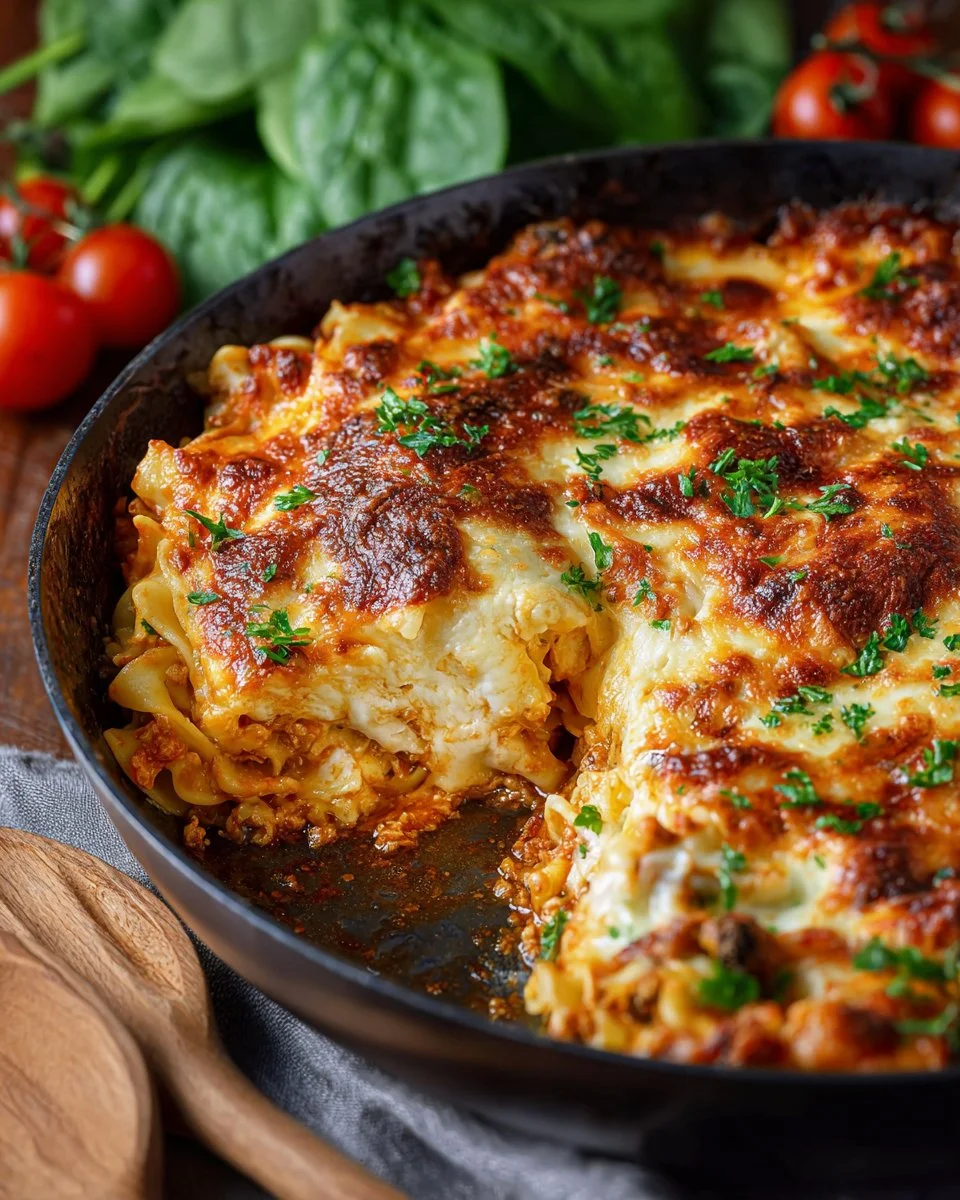 Baked tortellini casserole with cheese and herbs in a baking dish