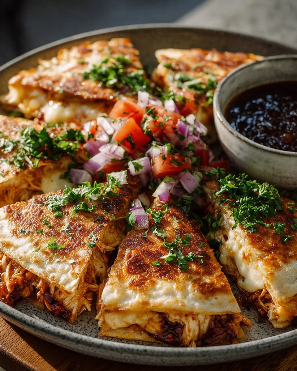 BBQ Chicken Quesadillas garnished and ready to serve on a wooden plate.