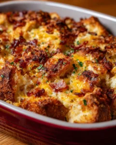 Delicious breakfast casserole with bacon baked to perfection