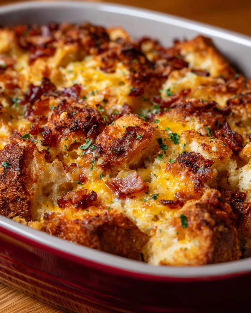 Delicious breakfast casserole with bacon baked to perfection