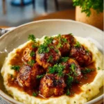 Delicious homemade brown gravy served with mashed potatoes