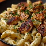 Delicious Cajun Chicken Pasta topped with herbs and spices.