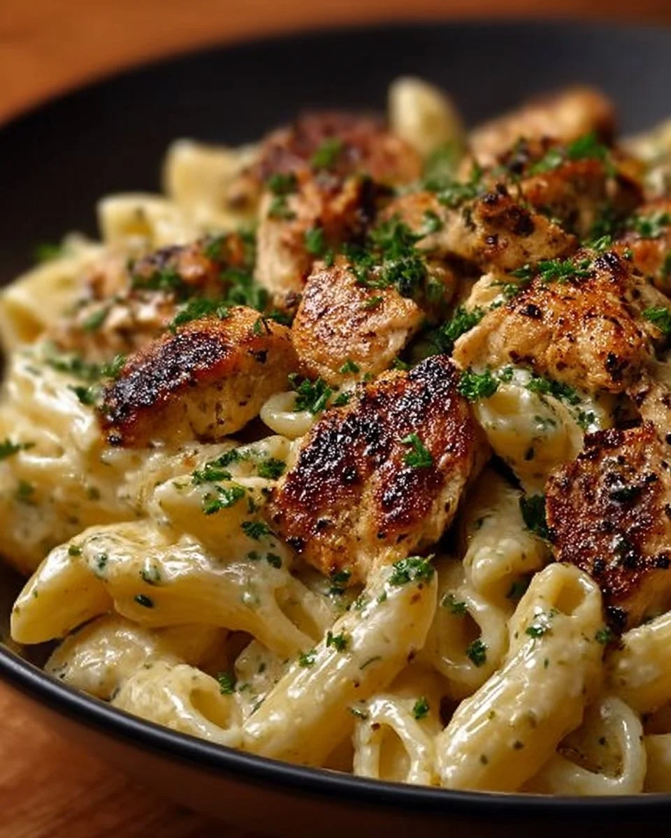 Delicious Cajun Chicken Pasta topped with herbs and spices.