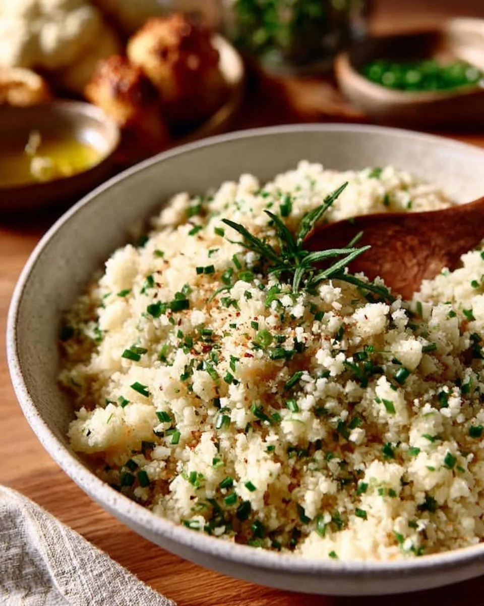 Bowl of cauliflower rice with fresh vegetables and herbs