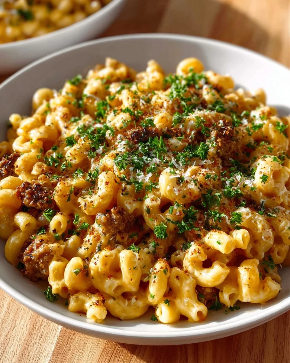 Delicious plate of homemade Cheeseburger Macaroni topped with cheese and herbs