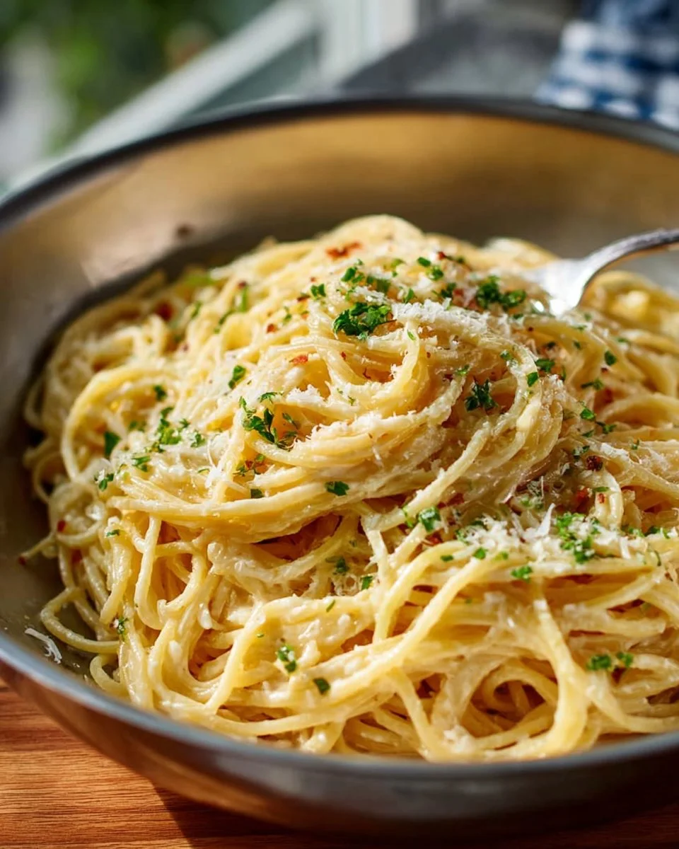 Bowl of cheesy garlic pasta topped with parsley and grated cheese