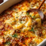 Cheesy ground beef and potato casserole served in a baking dish