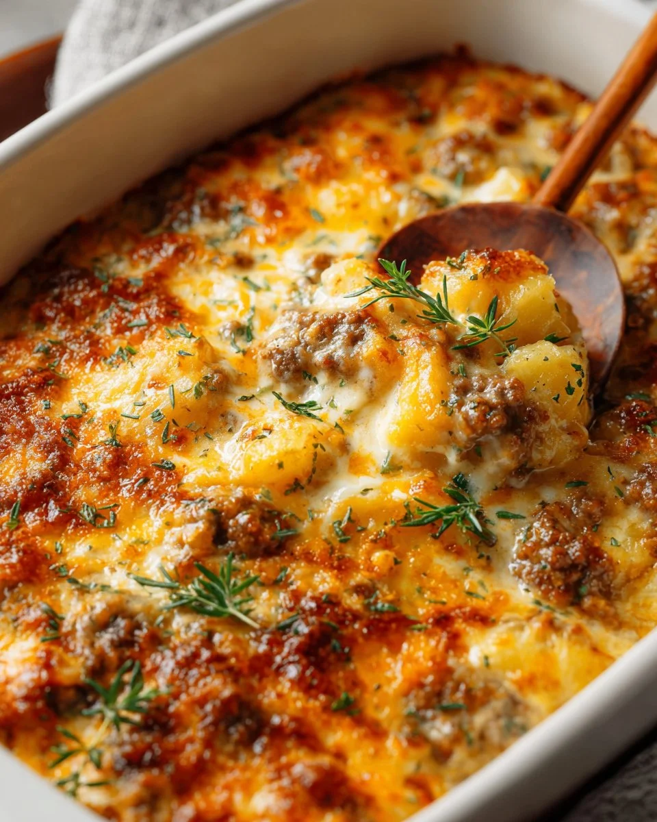 Cheesy ground beef and potato casserole served in a baking dish