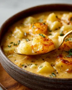 Bowl of creamy Cheesy Potato Soup garnished with herbs.