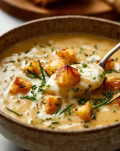 Delicious bowl of cheesy potato soup garnished with herbs