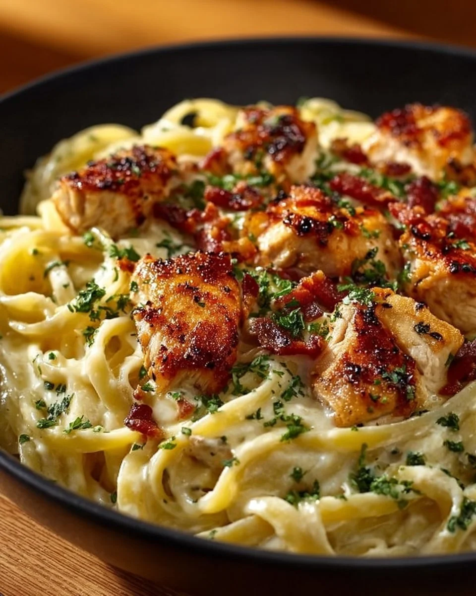 Delicious Chicken Bacon Ranch Pasta topped with crispy bacon and herbs