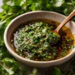 Homemade chimichurri sauce in a bowl with herbs and spices.