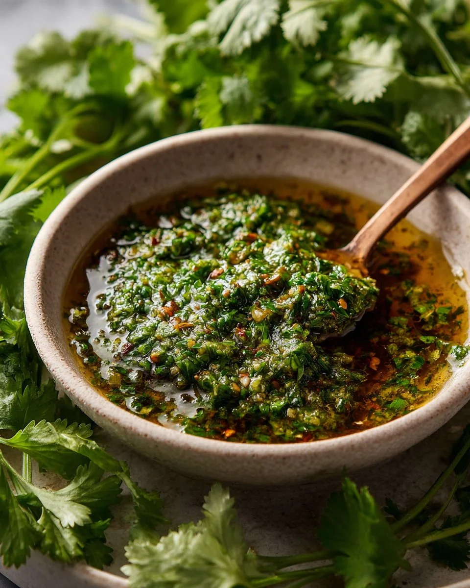 Homemade chimichurri sauce in a bowl with herbs and spices.