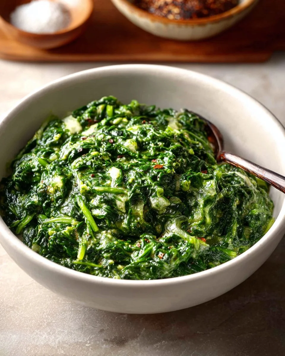 Delicious creamed spinach served in a bowl with cream sauce