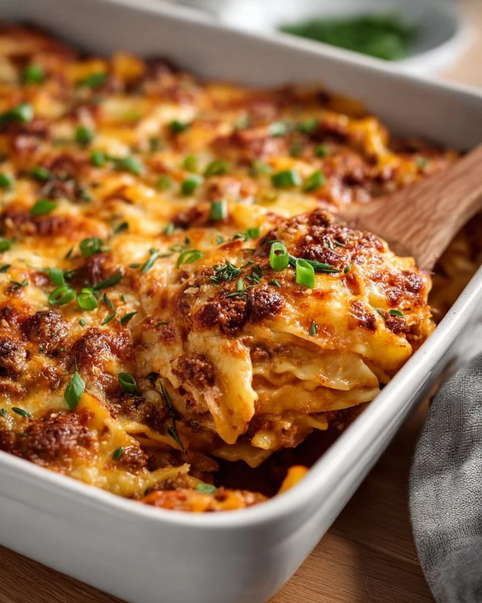 Creamy beef and mushroom casserole topped with cheese and herbs