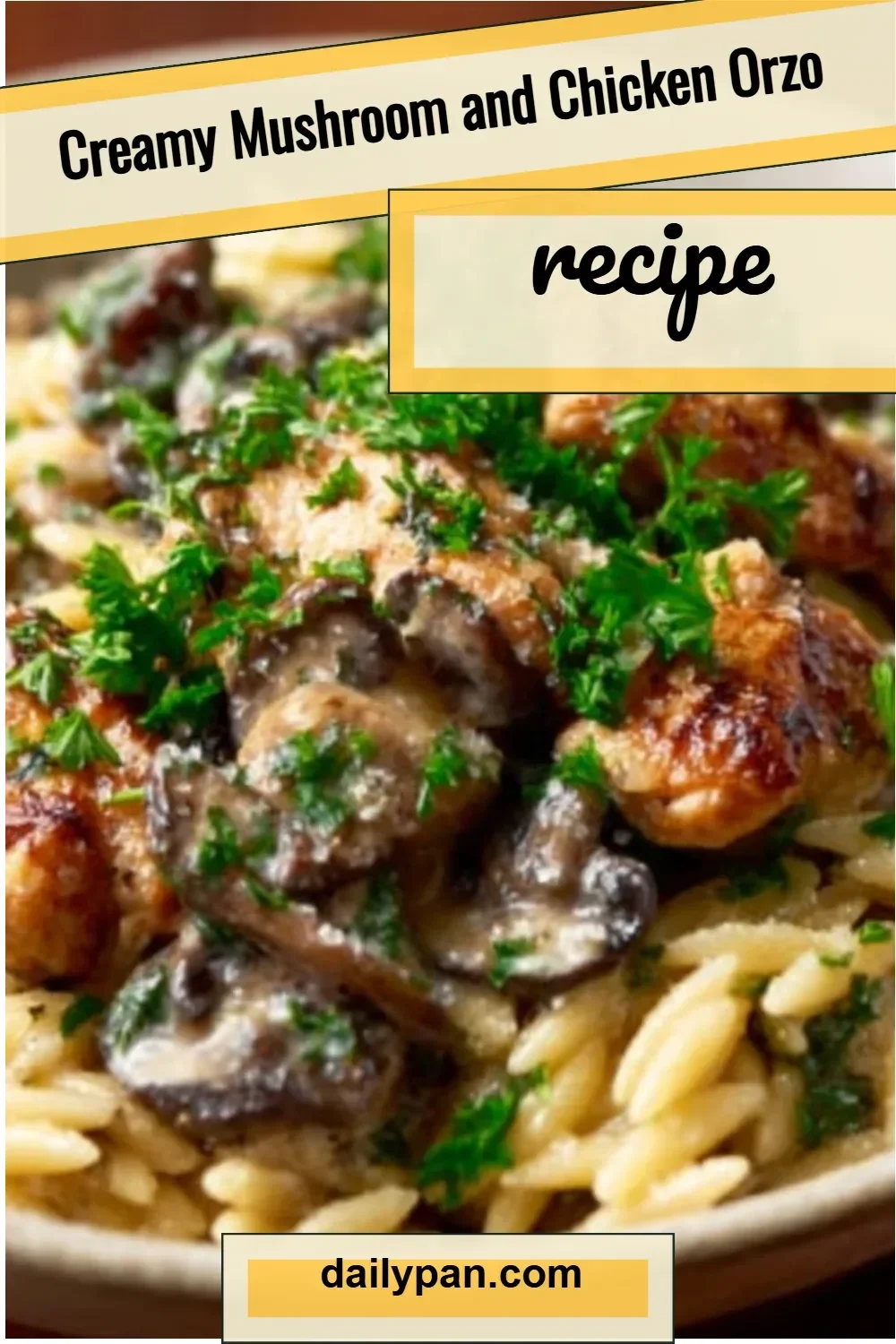 Creamy mushroom chicken orzo dish garnished with fresh herbs
